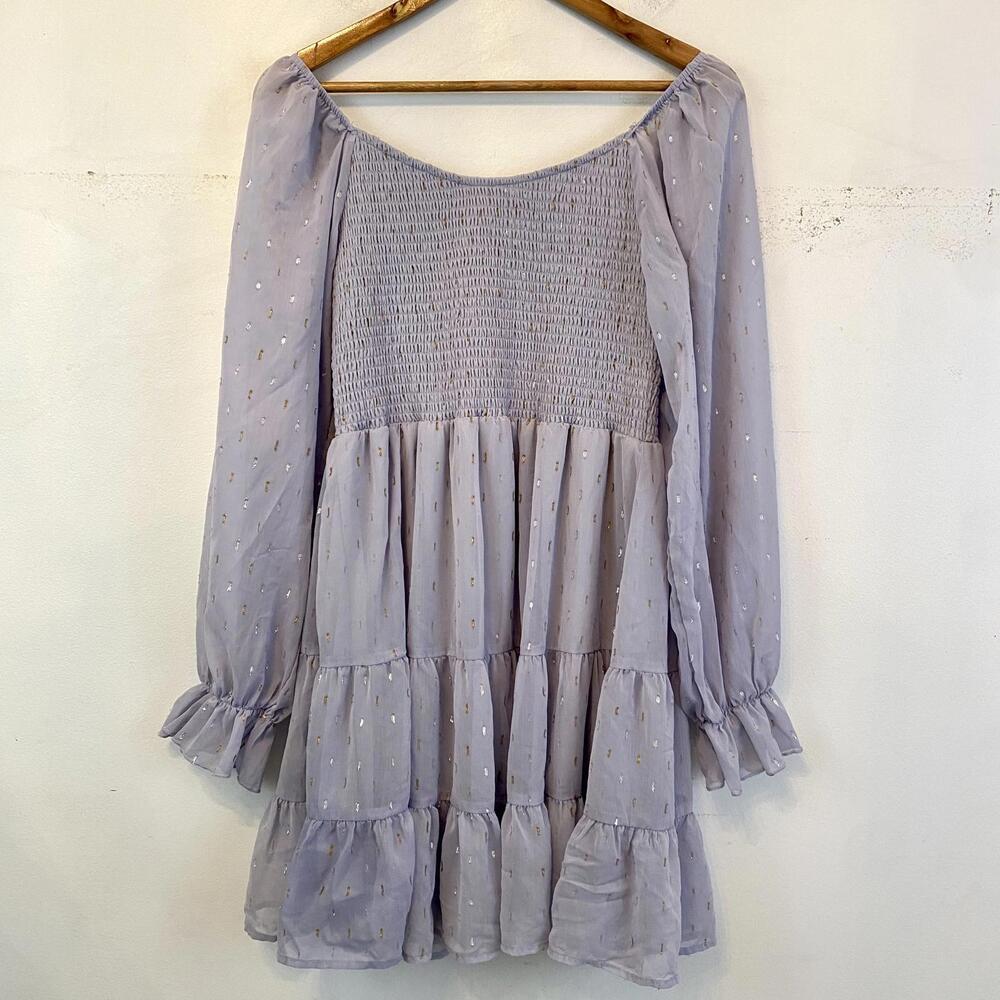 ALTAR’D STATE blue gold silver long sleeve mini tiered dress